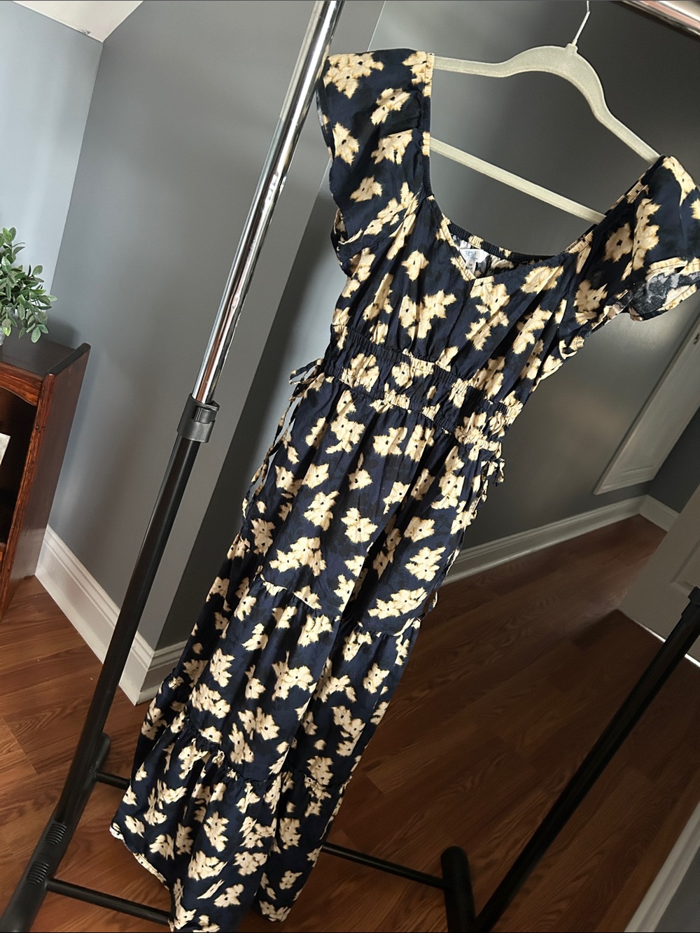 Navy and Cream Floral Maxi Dress - Women's Summer Dress (XS/S)